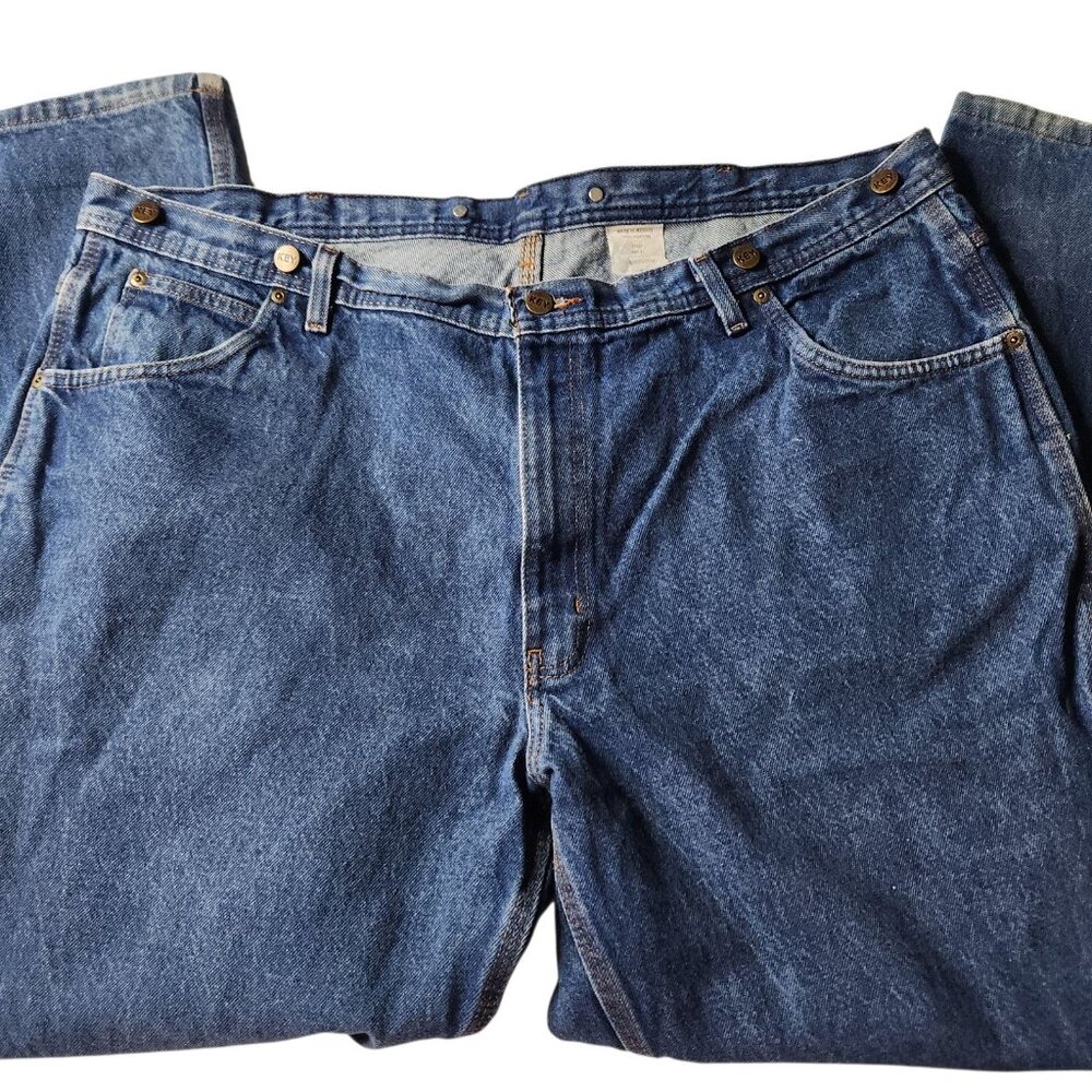 Key Mens Jeans Carpenter Blue Denim Workwear Medium Wash Straight Leg 46X32 - Picture 10 of 11